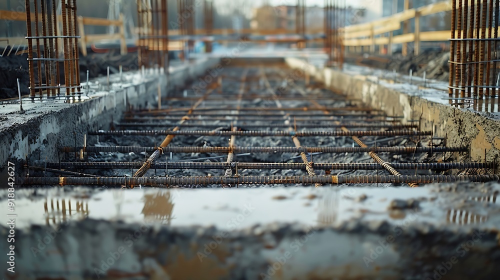 Poster large reinforced concrete structures at the construction site preparation for the installation of re