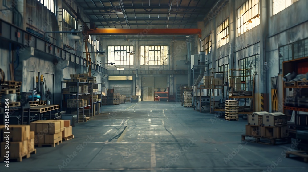 Poster large factory workshop space building : generative ai