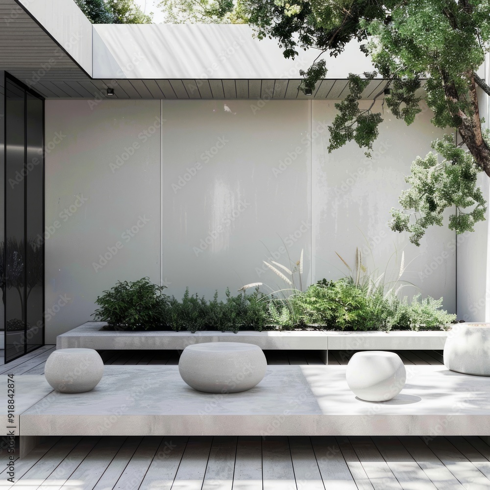 Wall mural Minimalist outdoor space with white concrete seating, greenery and a white wall.