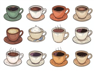 Set of various cup of coffee simple illustration. AI generated