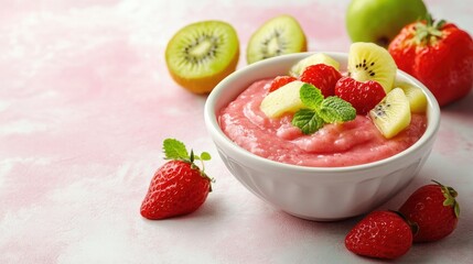 A bowl of baby puree with fruits, space for copy beside
