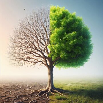 A tree with one side dead dry no leaves another side fresh green leaves
