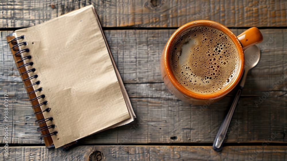 Aufkleber cup of coffee with notepad and brown pen on wooden table top view copy space : generative ai