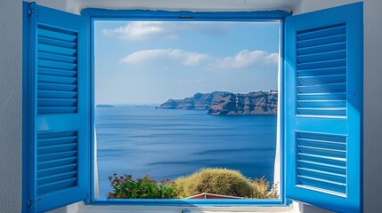 View from an open window with blue shutters of the Aegean sea caldera coastline and whitewashed...