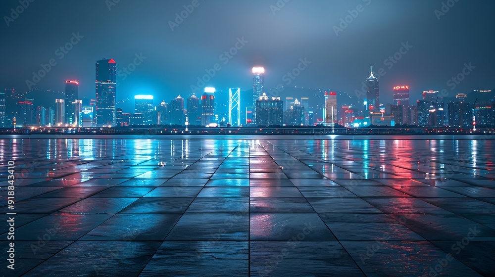 Poster empty square floors and city skyline with buildings in zhoushan at night zhejiang china : generative