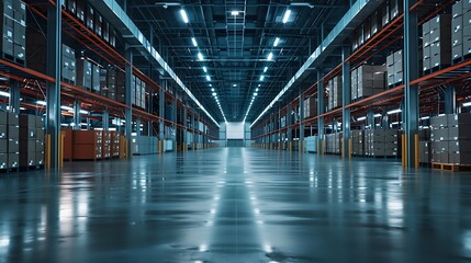 Fototapeta premium Industrial architecture Modern interior of huge empty storehouse New distribution warehouse with rack stack Metal construction : Generative AI