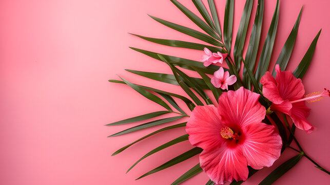 Abstract background with palm leaves and tropical Hibiscus  flowers for banner copy space.