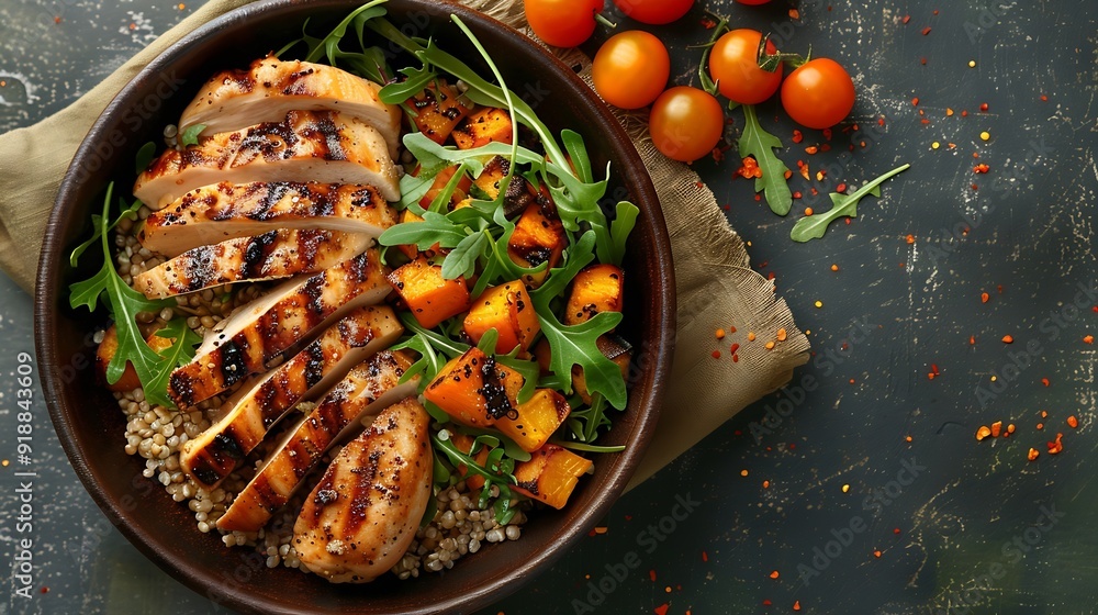 Aufkleber chicken breast fillet and buckwheat bowl grilled butternut squash and fresh vegetable salad with aru