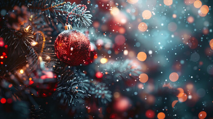 A red Christmas ornament hangs on a pine branch, illuminated by twinkling lights and falling snow