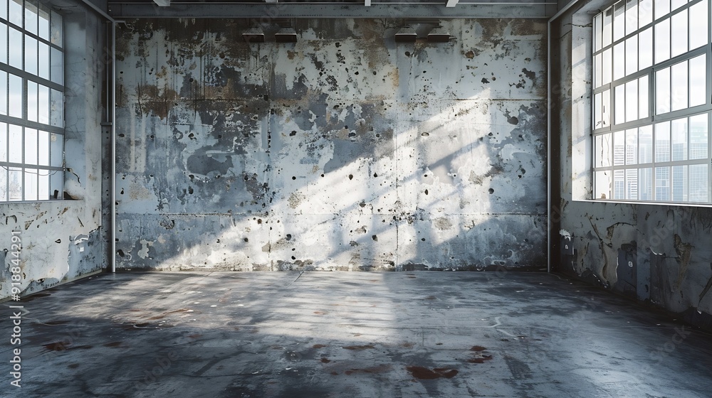 Poster empty warehouse room with grungy stucco concrete wall floor room as background corner of old grunge 
