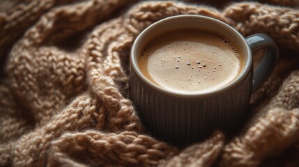 A warm coffee cup on a cozy woolen scarf, with free space for copy