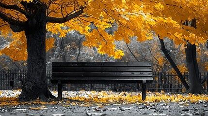 Empty park bench under golden yellow tree in black and white landscape : Generative AI