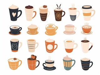 Set of various cup of coffee simple illustration. AI generated