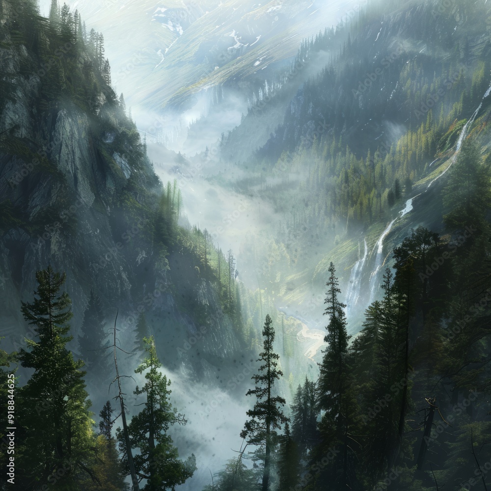 Sticker Misty mountain valley with waterfall and lush forest.