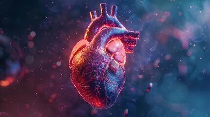Realistic human heart with glowing red veins on a dark blue abstract background.