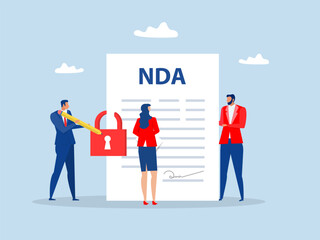 NDA or Non disclosure agreement contract businessman holding signing pen with NDA locked with padlock document.Non Disclosure Agreement concept; flat vector illustration