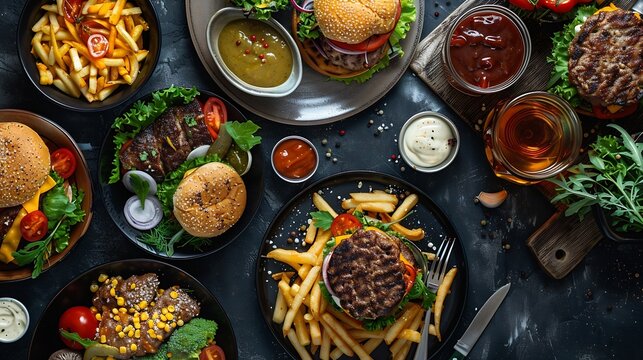Table full of delicious food in plates top view Fries soup salad burger sauces and drinks on festive dinner for event celebration Nourishing food menu of restaurant beautiful serving f : Generative AI