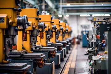 Naklejka premium A line of industrial machines in a manufacturing plant