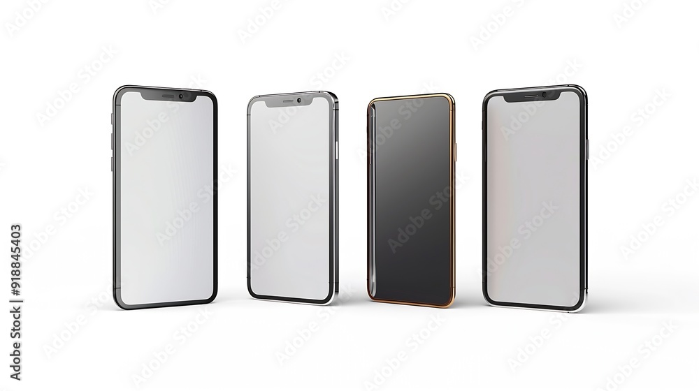 Poster flat rays collection of smartphone mockup blank screen isolated with clipping path on white backgrou