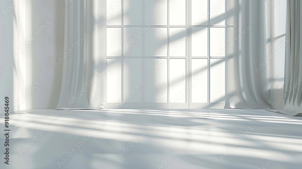 Poster abstract white studio background for product presentation with window shadows and sunlight blurred b