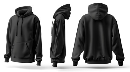 Template blank flat Black hoodie Hoodie sweatshirt with long sleeve flatlay mockup for design and print Hoody front and back top view isolated on white background : Generative AI