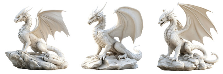 Obraz premium Set of A 3D rendering of a majestic white dragon, gracefully coiled and poised, set against a pristine isolated on transparent background