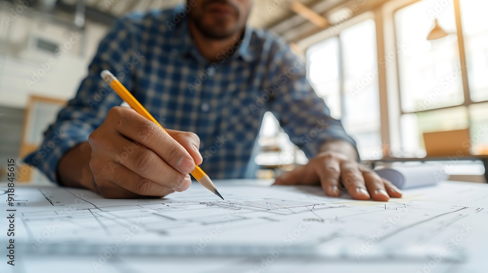Poster Black man office and drawing on blueprint with pencil for planning a building design layout and project as architect Table construction and engineering person with idea for property re : Generative AI