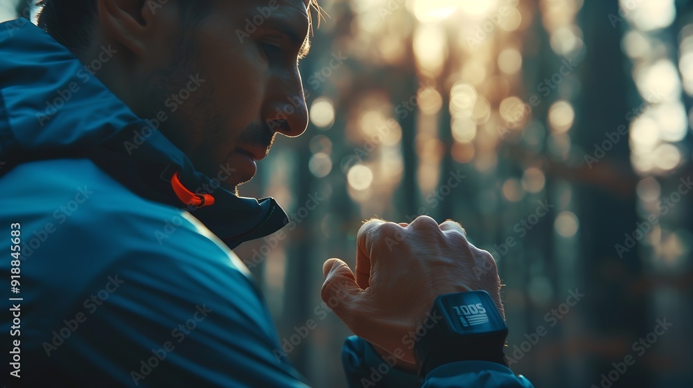 Aufkleber Mid adult man using smart watch during training Heart monitor beats with wristwatch smart watch or future data on healthcare technology in use of smart watch for health condition : Generative AI