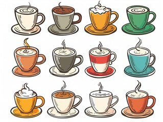 Obraz premium Set of various cup of coffee simple illustration. AI generated