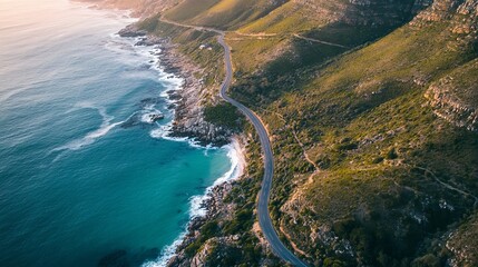 The aerial view of Oudekraal Nature Reserve near Cape Town, South Africa reveals a stunning landscape where a winding road gracefully traces the rugged mountain contours.