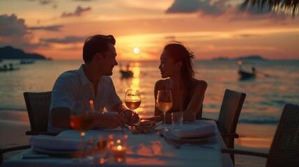 Romantic dinner on the beach in Phuket Thailand couple man and woman mid age Asian woman and European man having dinner on the beach in Thailand during sunset : Generative AI