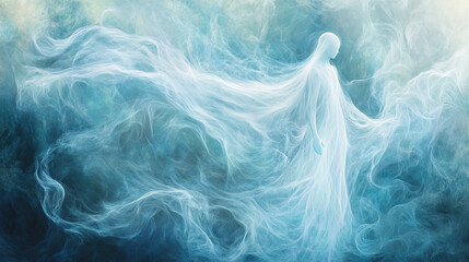 A ghostly, ethereal figure is depicted emerging amidst swirling, misty tendrils. The figure, draped in flowing, translucent wisps, appears to move gracefully within a dreamlike, atmospheric setting. T
