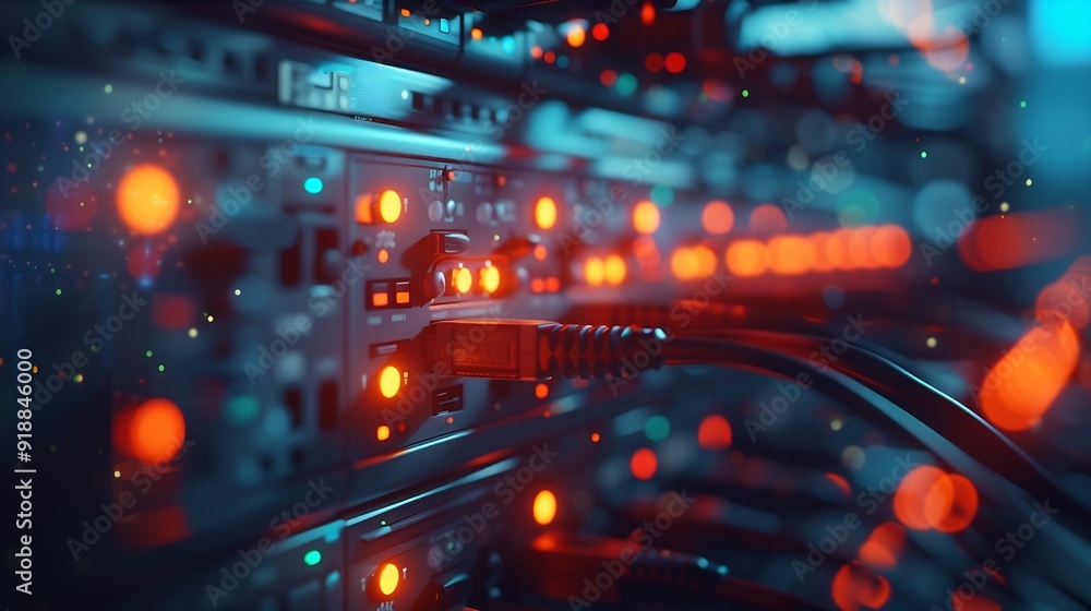 Aufkleber blur technology data center room defocus fiber optic cable and network router switch in data center room for background and wallpaper : Generative AI
