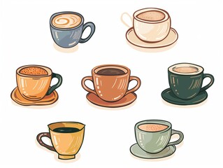 Set of various cup of coffee simple illustration. AI generated