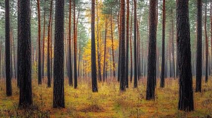 Naklejka premium Autumn in a pine forest near Pruzhany, Brest region, Belarus, reveals a serene and picturesque landscape.