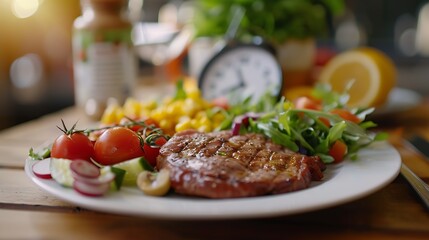 Intermittent fasting IF and ketogenic diet concept with 8hour clock timer for eating nutritional or keto LCHF low carb high fat food meal healthy dish and 16hour skipping meal for weig : Generative AI