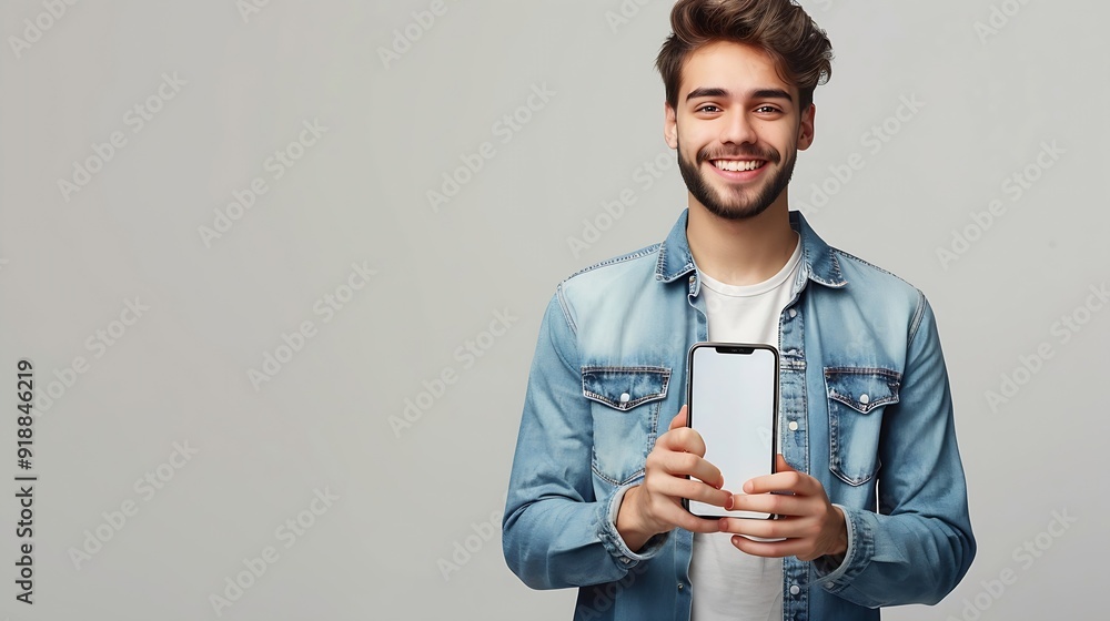 Poster handsome young man holding a smartphone mockup with a blank screen and smiling on a white background
