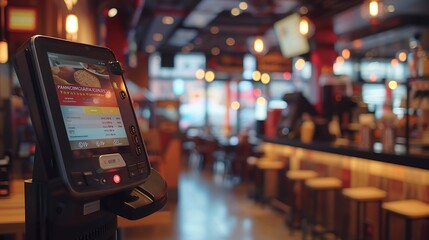 Concept of facial recognition scan used for confirming payment for food transaction at fastfood restaurant POV from terminal kiosk Emerging wearable and contactless payment technology : Generative AI