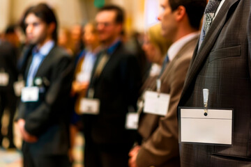 A group of business professionals networking at a formal event, with focus on name tags and blurred faces, highlighting social interaction and connectivity.