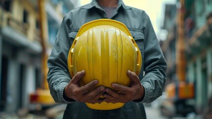 Helmet construction Engineer team Men hands holding hardhat yellow work helmet in Civil Construction Engineering Close up engineer man hold safety yellow worker helmet hard hat at Cons : Generative AI