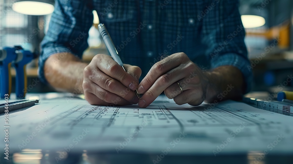 Poster civil and construction engineers are working on a blueprint drawing with precision to guarantee a fl