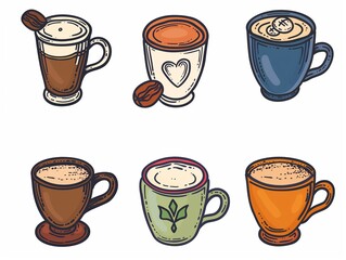 Obraz premium Set of various cup of coffee simple illustration. AI generated