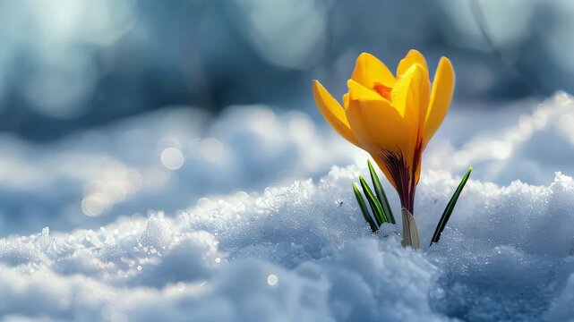 Macro shot of a crocus flower emerging from snow.
