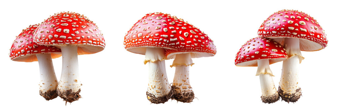 Set of A collection of fly agaric mushrooms arranged on a pristine white background, showcasing their distinctive red caps with white spots  isolated on transparent background