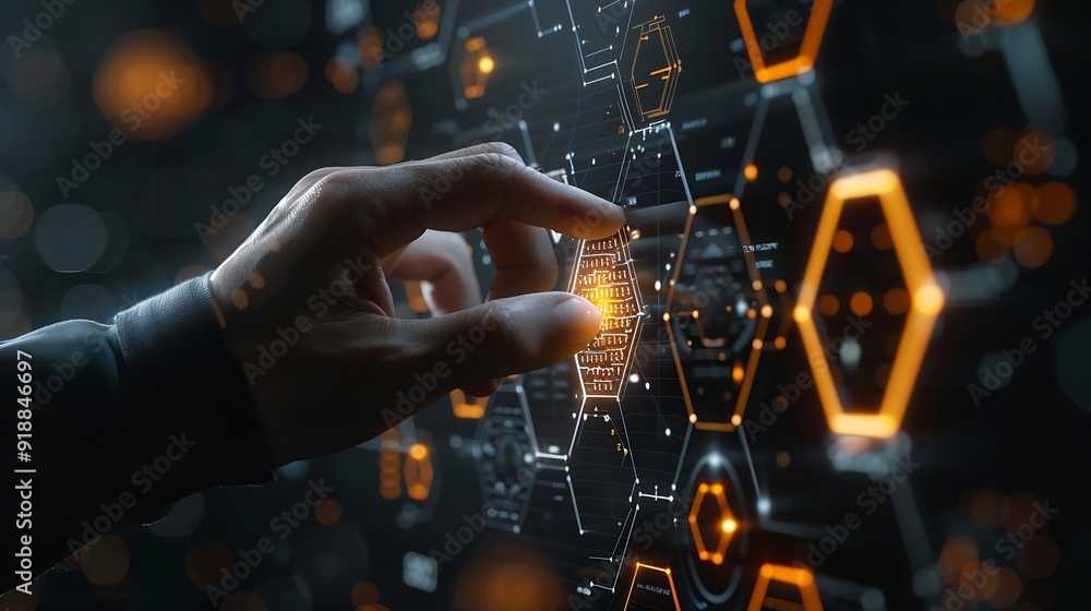 Fototapete Businessman touching and pressing hexagon honey screen display hologram button interface by finger on dark black background Internet and Virtual Reality concept Business and technology : Generative AI