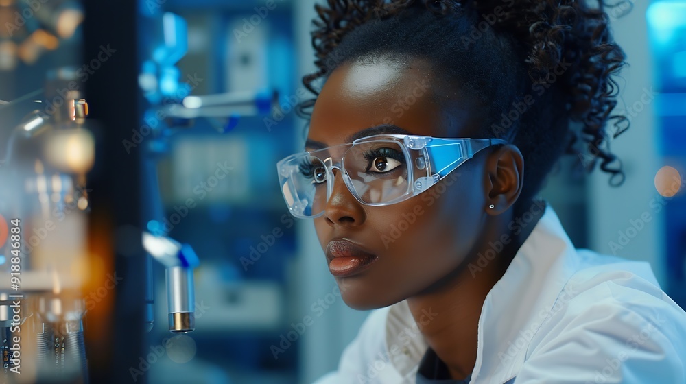 Poster a focused african american woman scientist working on a computer in a laboratory setting : generativ