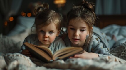 Mother with children reading book lying on bed at home : Generative AI