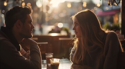 Beautiful couple sitting in a romantic backlit caf and talking isolated on white background : Generative AI