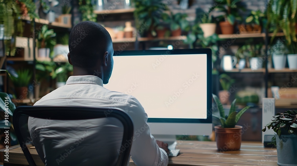Aufkleber unrecognizable black businessman using computer with empty blank screen sitting at workplace in offi