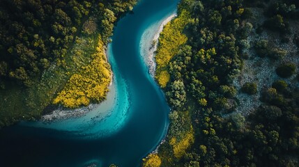 Obraz premium Aerial view of a winding river cutting through a lush landscape, captured by a drone.